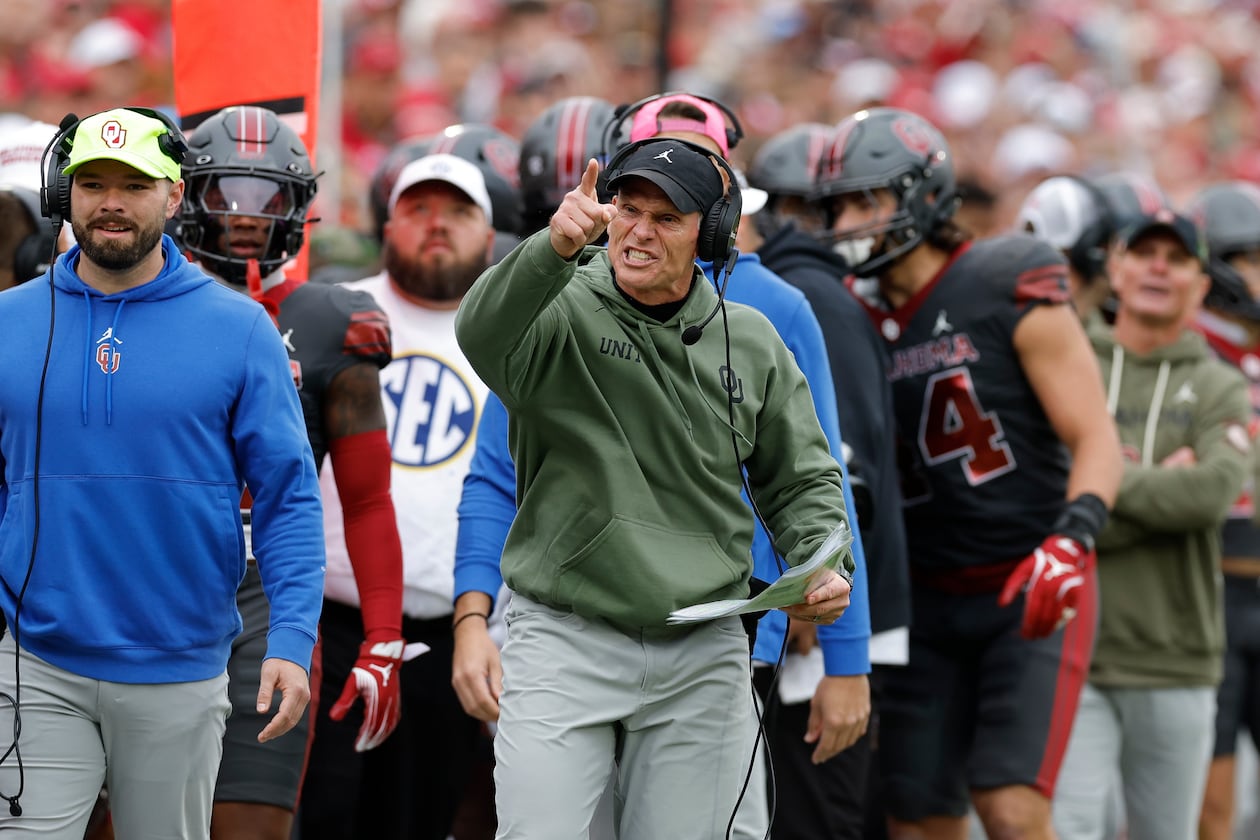 Oklahoma head coach Brent Venables yells at a referee after a play against Missouri during an NCAA football game in Norman, Okla. (Alonzo Adams/AP 2025)
