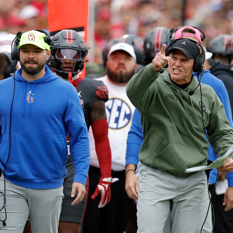 Oklahoma head coach Brent Venables yells at a referee after a play against Missouri during an NCAA football game in Norman, Okla. (Alonzo Adams/AP 2025)