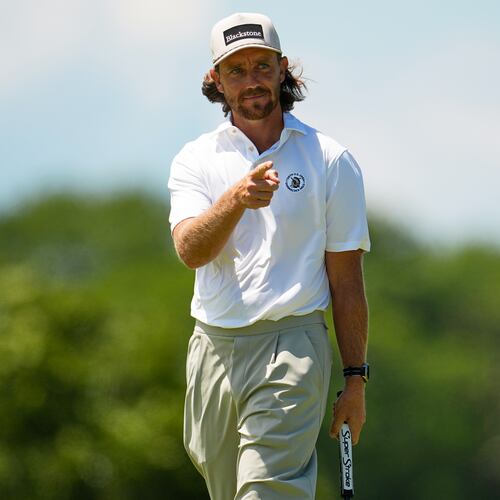 Tommy Fleetwood, of England, celebrates after a birdie on the second hole during the final round of the U.S. Open golf tournament at Shinnecock Hills Golf Club in Southampton, N.Y., Sunday, June 21, 2026. (AP Photo/George Walker IV)