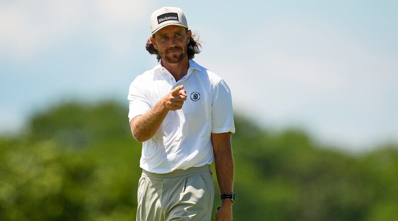 Tommy Fleetwood, of England, celebrates after a birdie on the second hole during the final round of the U.S. Open golf tournament at Shinnecock Hills Golf Club in Southampton, N.Y., Sunday, June 21, 2026. (AP Photo/George Walker IV)