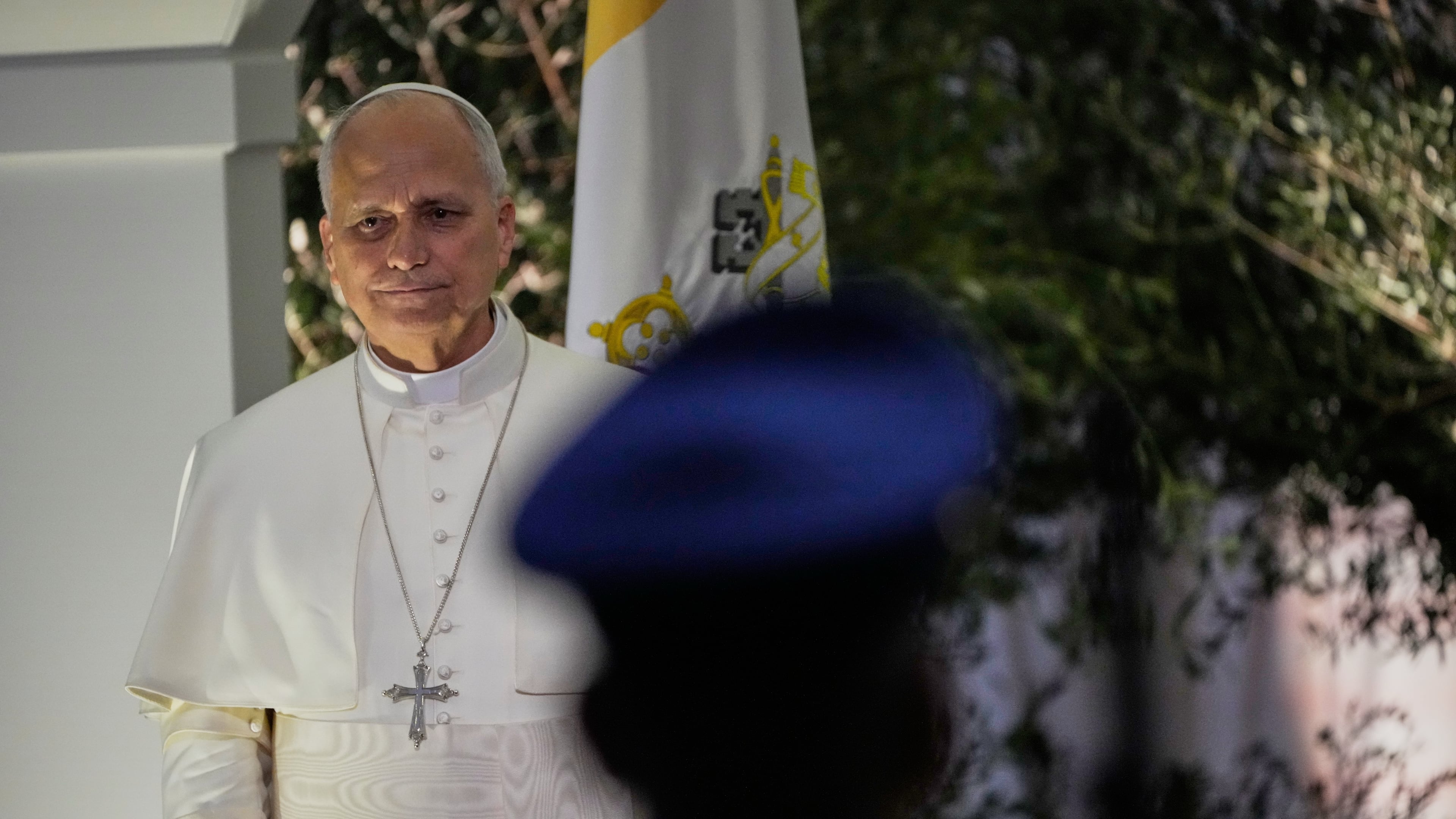 Pope Leo XIV attends an arrival ceremony at Beirut International Airport in Beirut, Lebanon, Sunday, Nov. 30, 2025.(AP Photo/Hussein Malla)