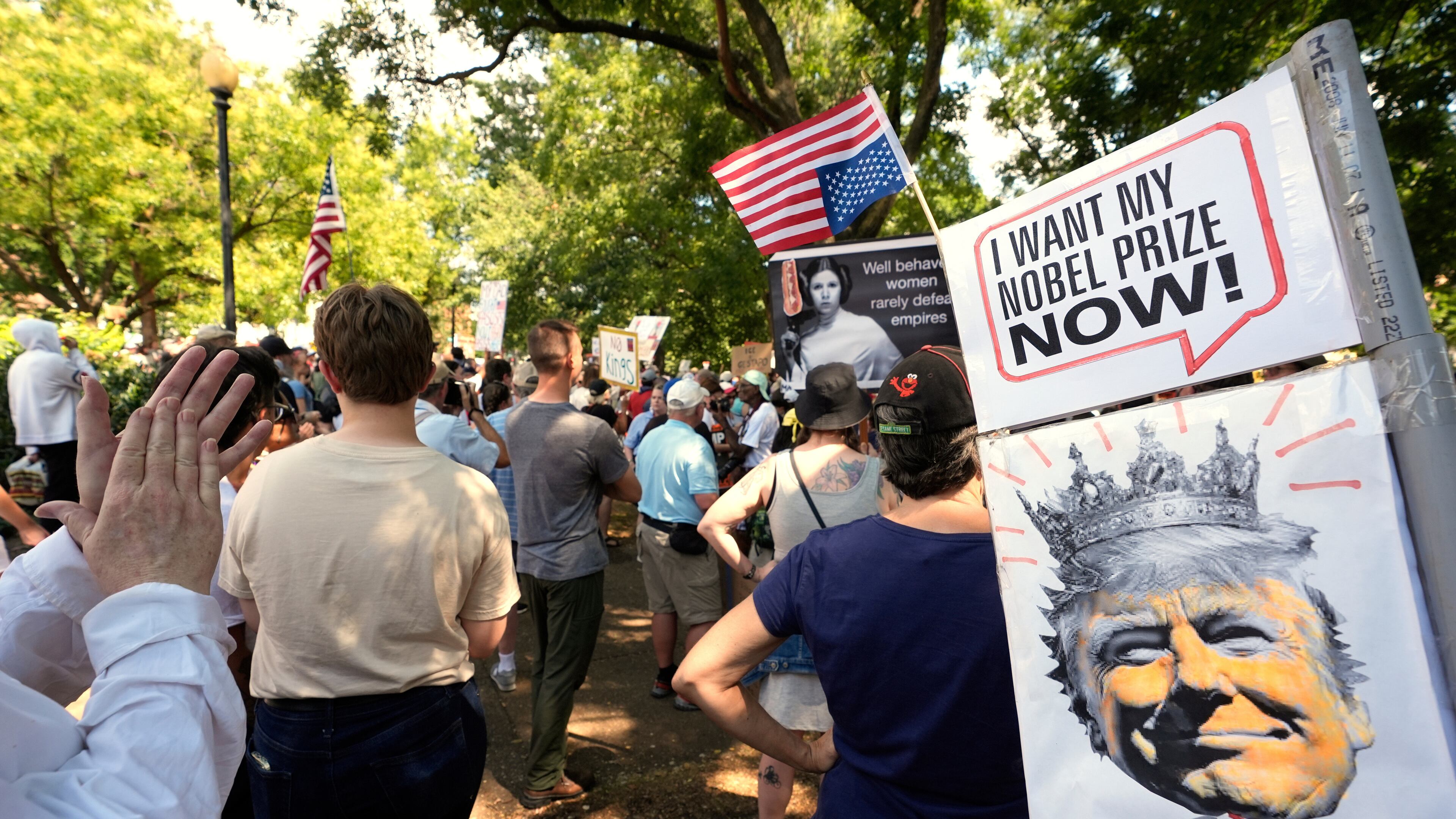 FILE - Activists carry signs during a protest against President Donald Trump's federal takeover of policing of the District of Columbia, Saturday, Aug. 16, 2025, in Washington. (AP Photo/Alex Brandon, File)