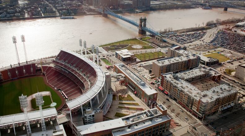 The Banks is in the heart of the Riverfront development in Cincinnati, Ohio and combines entertainment and residences at Paul Brown Stadium and Great American Ball Park (left). SPECIAL