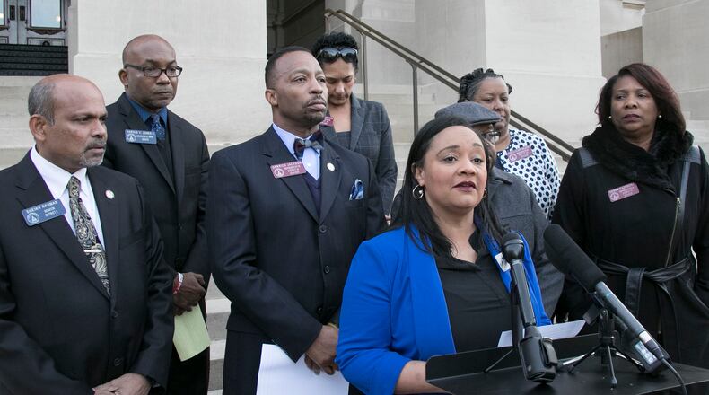 November 8, 2019 - Atlanta -  Democratic Party of Georgia chair Nikema Williams spoke out in opposition to Trump ahead of his visit to Atlanta.  Other speakers included Reverend Timothy McDonald, State Rep. Derrick Jackson, State Rep. Donna McLeod, State Rep. Harold Jones, and State Rep. Shelly Hutchinson. Bob Andres / robert.andres@ajc.com