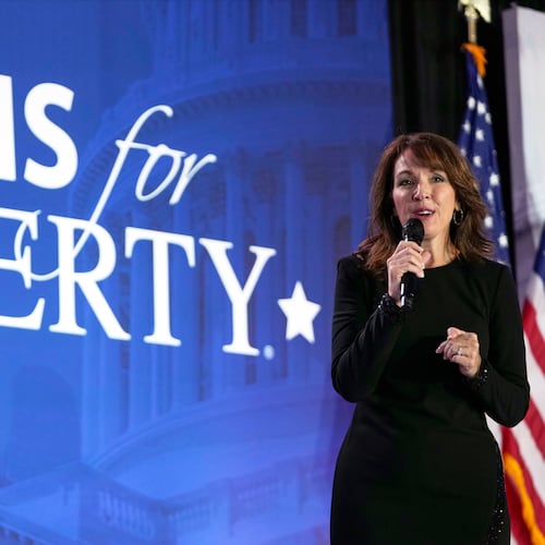 FILE - Moms for Liberty co-founder Tina Descovich speaks before Republican presidential nominee former President Donald Trump at the Moms for Liberty annual convention in Washington, Aug. 30, 2024. (AP Photo/Mark Schiefelbein, File)
