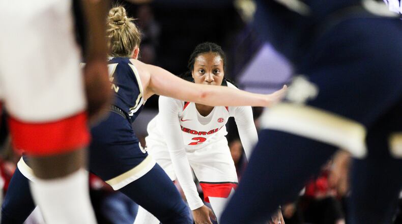 Georgia guard Gabby Connally (2) looks over Georgia Tech's defense before setting up a play Sunday, Nov. 17, 2019, at Stegeman Coliseum in Athens.
