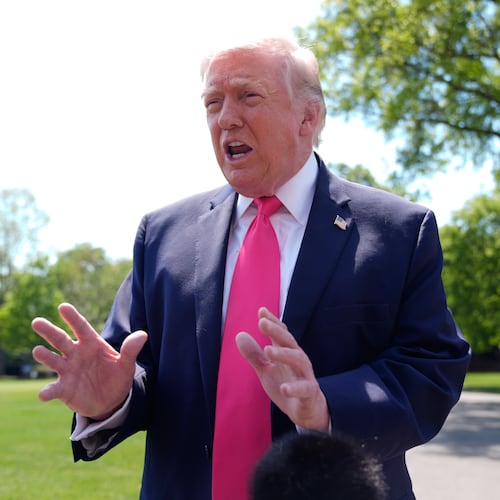 President Donald Trump speaks with reporters before departing on Marine One from the South Lawn of the White House, Thursday, April 16, 2026, in Washington. (AP Photo/Manuel Balce Ceneta)
