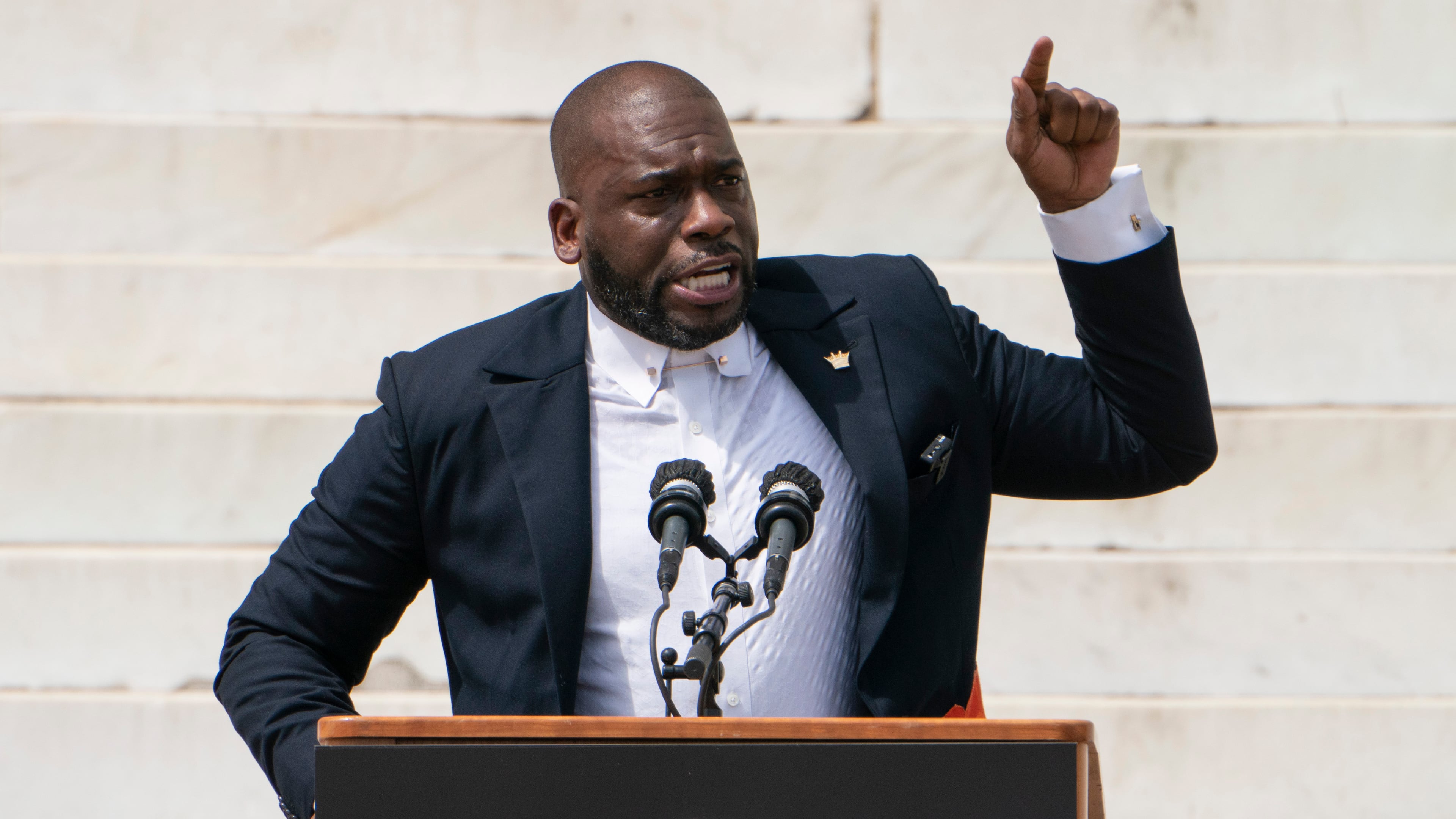 Jamal Bryant, senior pastor of New Birth Cathedral in Stonecrest, speaks during the March on Washington, Aug. 28, 2020, on the 57th anniversary of the Rev. Martin Luther King Jr.'s "I Have A Dream" speech, at the Lincoln Memorial in Washington. (Jacquelyn Martin/AP)