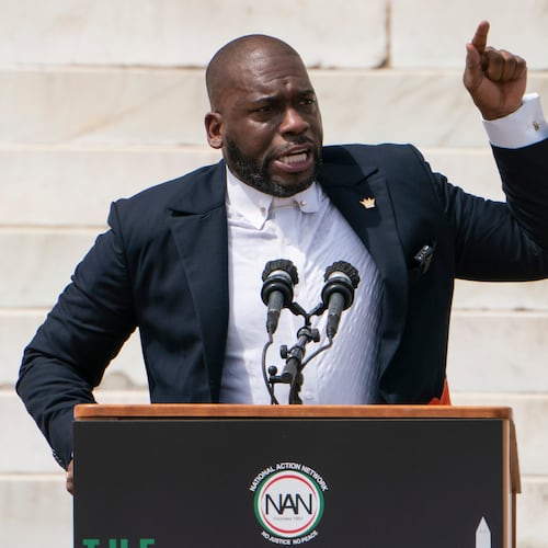 Jamal Bryant, senior pastor of New Birth Cathedral in Stonecrest, speaks during the March on Washington, Aug. 28, 2020, on the 57th anniversary of the Rev. Martin Luther King Jr.'s "I Have A Dream" speech, at the Lincoln Memorial in Washington. (Jacquelyn Martin/AP)