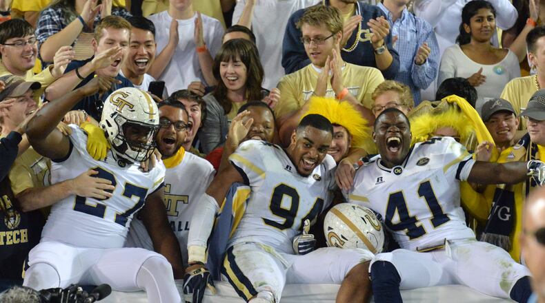 October 21, 2017 Atlanta - Georgia Tech players celebrates a 38-24 victory over the Wake Forest in an NCAA college football game at Bobby Dodd Stadium on Saturday, October 21, 2017. HYOSUB SHIN / HSHIN@AJC.COM