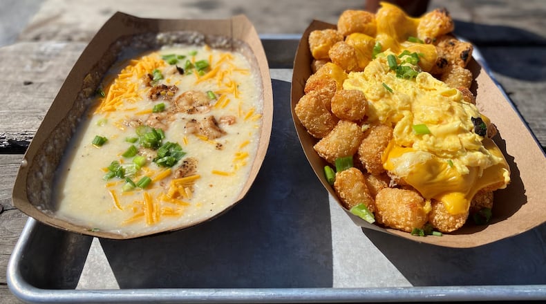 The Abby Singer’s Sunday brunch menu includes shrimp and grits and tater tots topped with cheese and egg.
Wendell Brock for The Atlanta Journal-Constitution