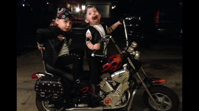 After nearly breaking the Internet last year with their adorable old people costumes, Bellbrook twins Liam and Adelynn Stump are back this Halloween season and this time they are bikers.(Photo courtesy of Bill and Amber Stump)