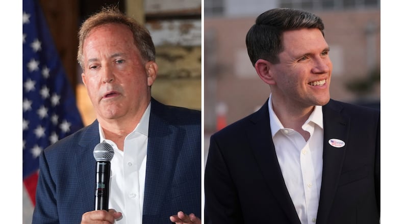 FILE - At left, Texas Attorney General Ken Paxton speaks in McKinney, Texas, May 19, 2026, and at right, Texas state Rep. James Talarico, after voting, in Austin, Texas, Feb. 17, 2026. (AP Photo/LM Otero and Eric Gay,File)