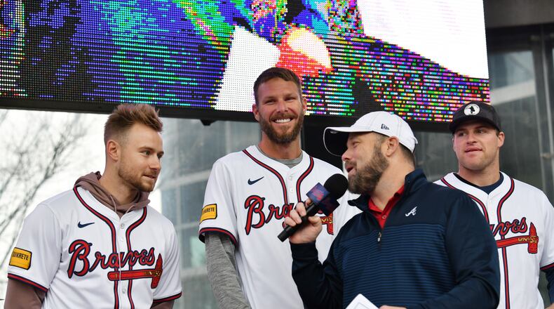 Atlanta Braves (from left) outfielder Jarred Kelenic, pitcher Chris Sale and pitcher Bryce Elder react at Georgia Power Pavilion Stage during Braves Fest Opening Rally at The Battery Atlanta, Saturday, January 27, 2024, in Atlanta. (Hyosub Shin / Hyosub.Shin@ajc.com)