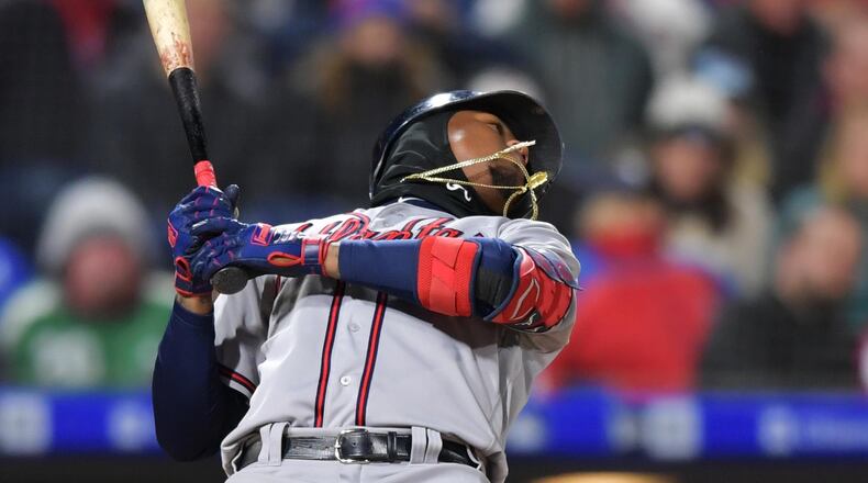 Braves outfielder Ronald Acuna ducks back from an inside pitch against the Phillies Sunday, March 31, 2019,  at Citizens Bank Park in Philadelphia.