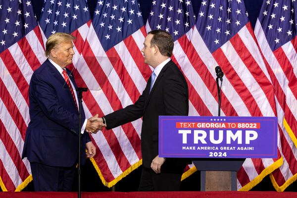 Brian Jack, right, is a former aide to ex-President Donald Trump. Jack is now running in the 3rd Congressional District's GOP primary. Also in the Republican race to replace retiring U.S. Rep. Drew Ferguson are former state Sen. Mike Craine, ex-state Senate Majority Leader Mike Dugan and former state Rep. Philip Singleton. Two other candidates are running in the Democratic primary to represent the deeply conservative section of west Georgia. (Arvin Temkar / arvin.temkar@ajc.com)
