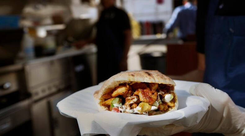 The shawarma pita from The Holy Grill on March 28, 2016. Adiel Nahmias is owner and chef of the food truck/stand that operates in a parking lot in downtown Los Angeles. (Rick Loomis/Los Angeles Times/TNS)