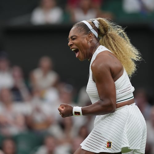 Serena Williams of the United States celebrates winning a point against Maya Joint of Australia in their first round women's singles match at the Wimbledon Tennis Championships in London, Tuesday, June 30, 2026. (AP Photo/Maja Smiejkowska)
