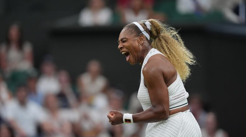 Serena Williams of the United States celebrates winning a point against Maya Joint of Australia in their first round women's singles match at the Wimbledon Tennis Championships in London, Tuesday, June 30, 2026. (AP Photo/Maja Smiejkowska)