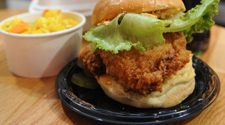 Richards' Hot Chicken sandwich with pimento cheese, chow chow and lettuce. (BECKY STEIN PHOTOGRAPHY)