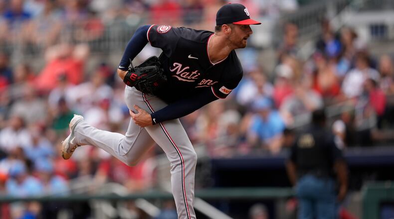 Washington Nationals pitcher Foster Griffin (22) works in the first inning of a baseball game against the Atlanta Braves, Sunday, May 24, 2026, in Atlanta. (AP Photo/Mike Stewart)