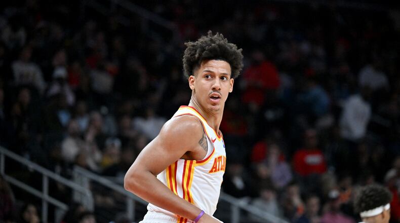 Atlanta Hawks forward Jalen Johnson has played in only 219 career games. He has started less than 60% of those games and just now has become a featured player. (Hyosub Shin/AJC)