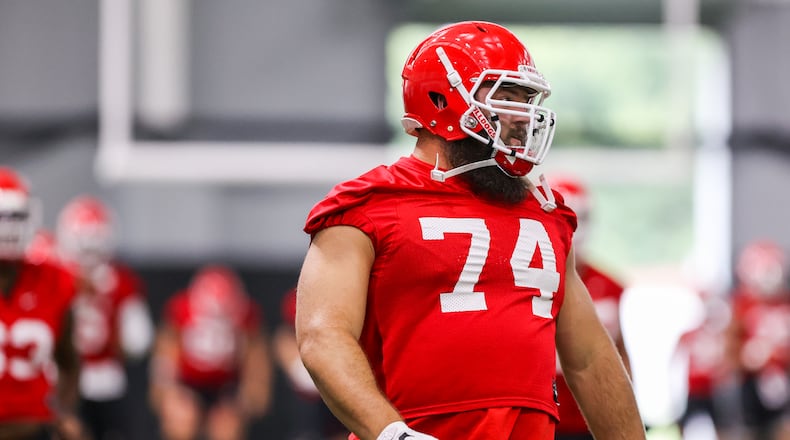 Georgia offensive lineman Ben Cleveland (74) during the Bulldogs’ practice in Athens, Ga., on Mon., Aug. 17, 2020. (Photo by Chamberlain Smith)