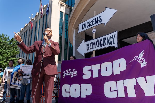 Devin Barrington-Ward speaks outside city hall in 2024 along with other opponents ot the Atlanta Public Safety Training Center. File photo. (Ben Hendren for the AJC)