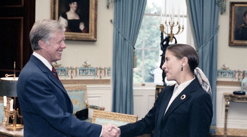 President Jimmy Carter with Ruth Bader Ginsburg in 1980  at the White House. Carter appointed Ginsburg as a federal judge on the U.S. Court of Appeals in 1980. Ginsburg was named to the Supreme Court by Bill Clinton in 1993.