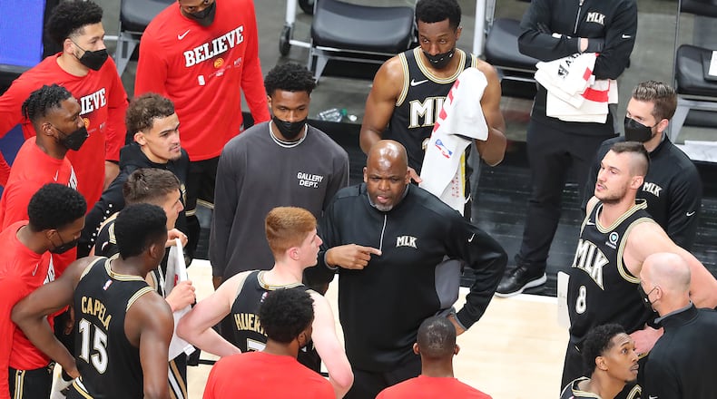 Hawks interim head coach Nate McMillan addresses his team during Game 4 of first-round NBA playoff series Sunday, May 30, 2021, against the New York Knicks at State Farm Arena in Atlanta. The Hawks won 113-96, taking a commanding 3-1 series lead. (Curtis Compton / Curtis.Compton@ajc.com)