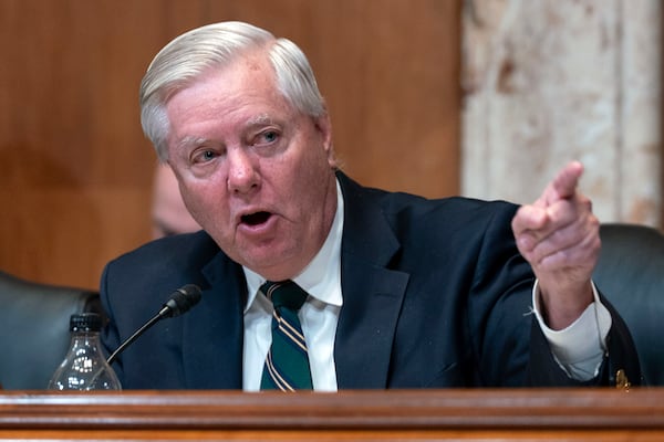 Sen. Lindsey Graham, R-S.C., questions Secretary of State Marco Rubio as he testifies before the Senate Committee on Appropriations subcommittee hearing to review the Fiscal Year 2026 budget request for the U.S. Department of State on Capitol Hill in Washington, Tuesday, May 20, 2025. (AP Photo/Jose Luis Magana)