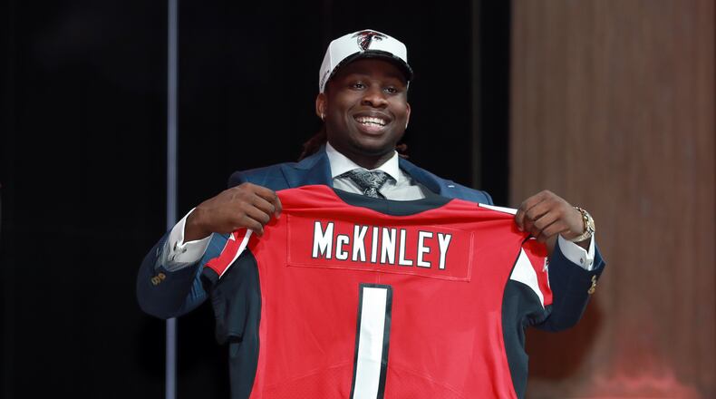 Justin Higdon of the Draft Breakdown podcast compared each Falcons draft pick, including Takkarist McKinley (above), to the others with their measurements at the combine. (Jeff Haynes/AP Images for Panini)