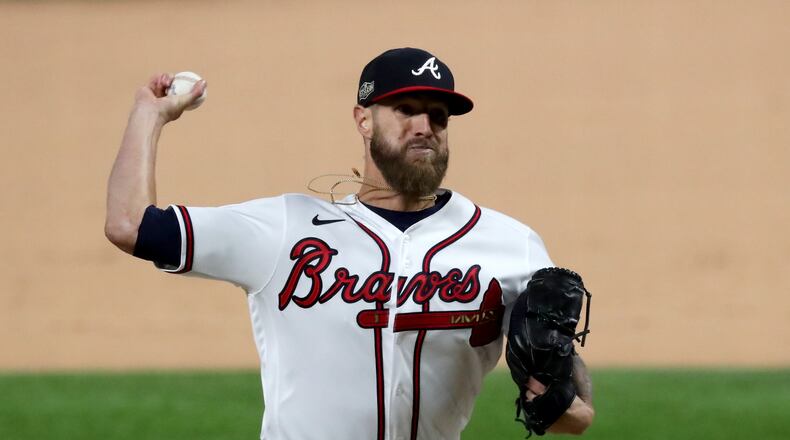 Atlanta Braves relief pitcher Shane Greene delivers against the Los Angeles Dodgers during the ninth inning in Game 4 of the National League Championship Series at Globe Life Field in Arlington, Texas, on Thursday, Oct. 15, 2020. The Braves won, 10-2, for a 3-1 series lead. (Curtis Compton/Atlanta Journal-Constitution/TNS)