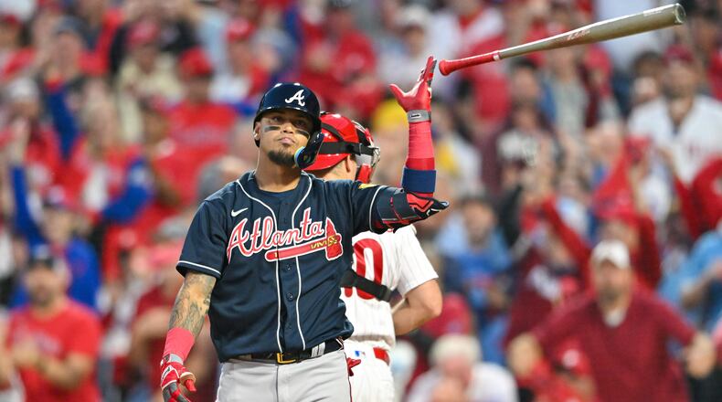 Atlanta Braves’ Orlando Arcia strikes out swinging against the Philadelphia Phillies to end the fourth inning of NLDS Game 3 in Philadelphia on Wednesday, Oct. 11, 2023. (Hyosub Shin / Hyosub.Shin@ajc.com)