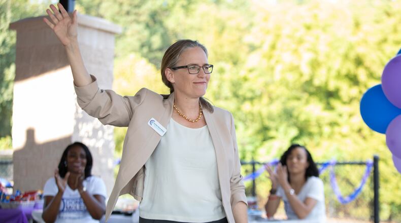 Democrat Carolyn Bourdeaux, candidate for Congress in Georgia's 7th District, speaks at a rally in Lawrenceville on Oct. 6, 2018. (Dustin Chambers for AJC)