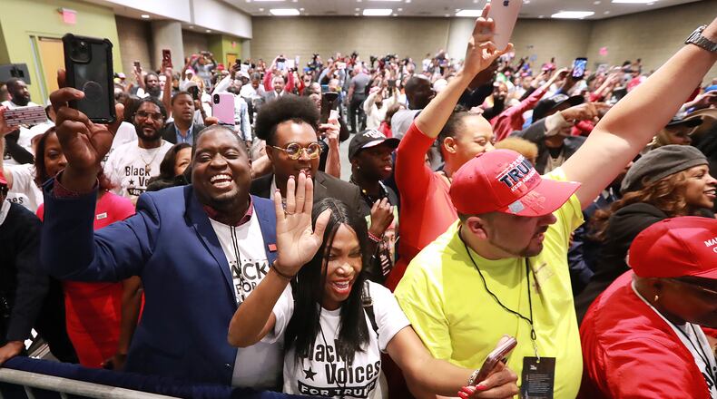 November 8, 2019 Atlanta: Supporters cheer as President Donald Trump takes the stage to speak at the Black Voices for Trump Coalition Rollout on Friday, November 8, 2019, in Atlanta.   Curtis Compton/ccompton@ajc.com