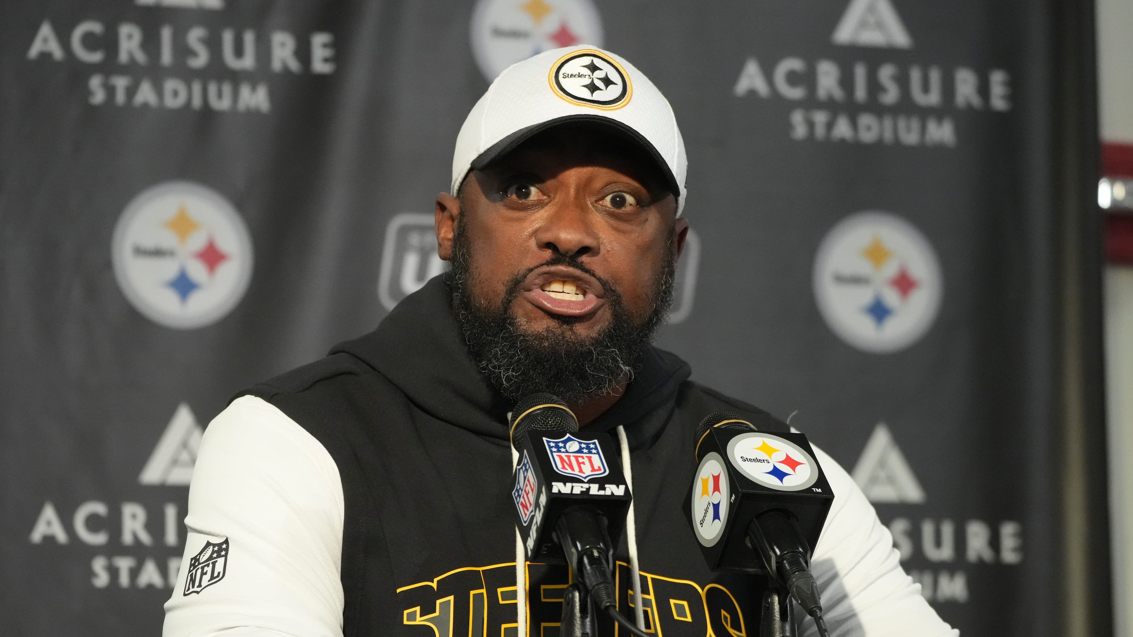 Pittsburgh Steelers head coach Mike Tomlin speaks during a press conference following an NFL football game against the Indianapolis Colts in Pittsburgh, Sunday, Nov. 2, 2025. (AP Photo/Gene J. Puskar)