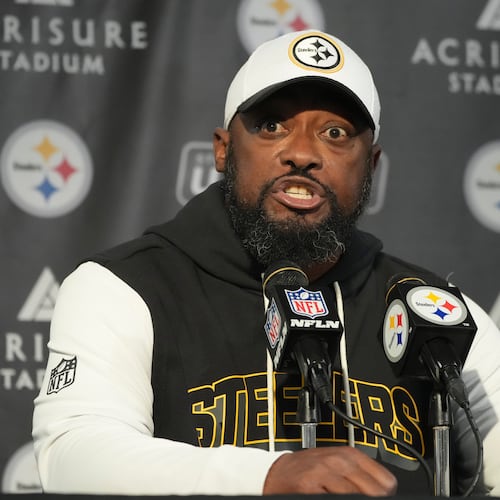 Pittsburgh Steelers head coach Mike Tomlin speaks during a press conference following an NFL football game against the Indianapolis Colts in Pittsburgh, Sunday, Nov. 2, 2025. (AP Photo/Gene J. Puskar)