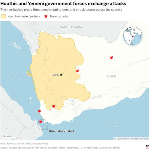 A map showing recent fighting between the Houthis and the Yemeni government. (AP Digital Embed)