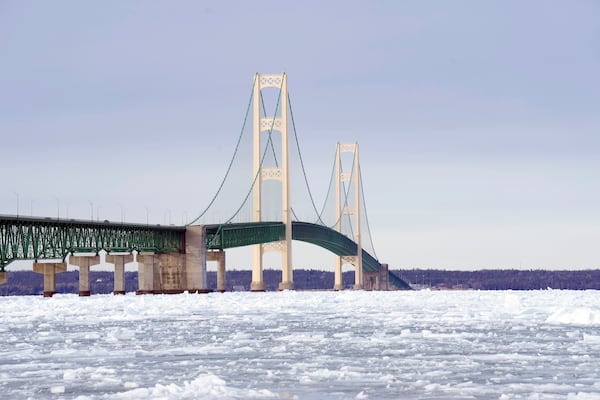 FILE - The Mackinac Bridge is seen, Monday, Feb. 20, 2023, from Mackinaw City, Mich. (AP Photo/Carlos Osorio, File)