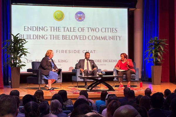 Atlanta Mayor Andre Dickens (center) sits down with Bernice King (right) and Melita Easters to talk about his Neighborhood Reinvestment Initiative at the King Center in Atlanta. (Shaddi Abusaid/AJC)