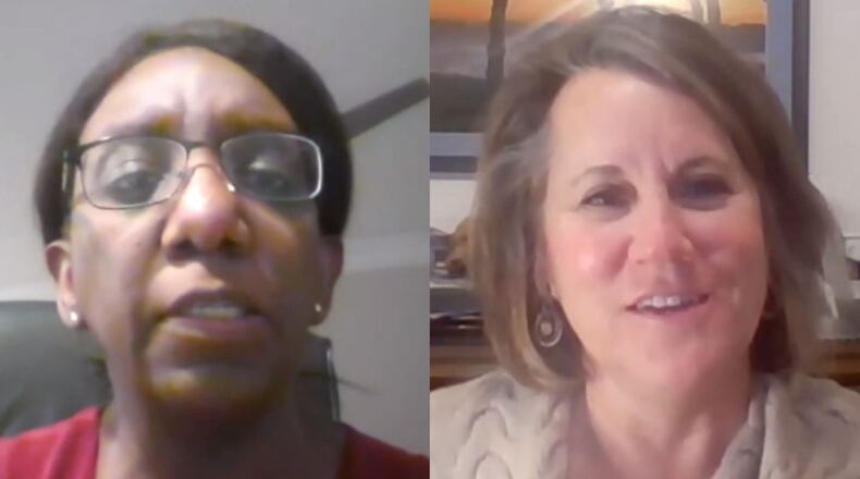 DeKalb's deputy ethics officer LaTonya Nix Wiley, left, and former county ethics officer Stacey Kalberman during a recent virtual meeting of the DeKalb Board of Ethics. SCREENSHOT