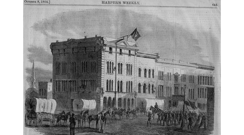 Whitehall Street, as sketched by D. R. Brown in Harper's Weekly in 1864, when Atlanta was occupied by Federal troops.