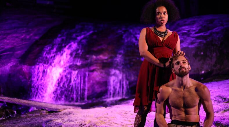 Maythinee Washington and Justin Deeley play Lady Macbeth and Macbeth in the Serenbe Playhouse production of “Macbeth.” CONTRIBUTED BY BREEANNE CLOWDUS