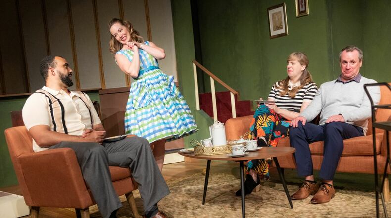 From left, Johnny (Marcus Hopkins-Turner) and Judy (Bethany Anne Lind) entertain their friends Fran (Eve Krueger) and Marcus (John Benzinger), a couple leading normal lives in the 21st century. Photo: Casey Gardner Ford