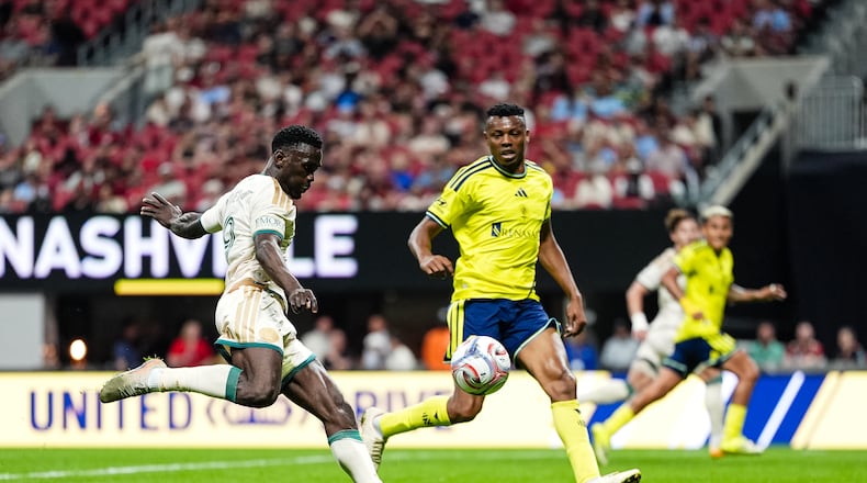 Atlanta United forward Emmanuel Latte Lath (left) kicks the ball Saturday, April 18, 2026, against Nashville SC at Mercedes-Benz Stadium in Atlanta. The Five Stripes lost 2-0. (Matthew Dingle/Atlanta United)