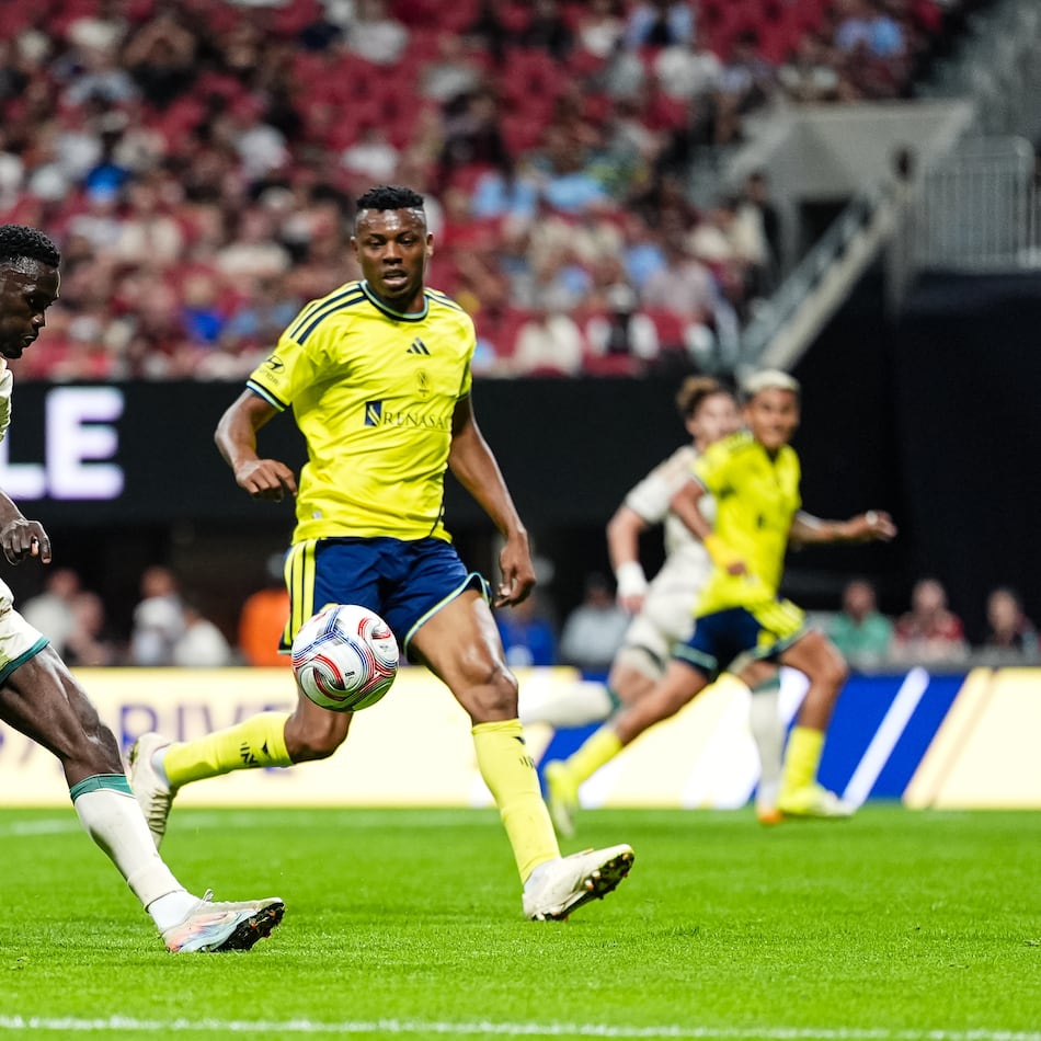 Atlanta United forward Emmanuel Latte Lath (left) kicks the ball Saturday, April 18, 2026, against Nashville SC at Mercedes-Benz Stadium in Atlanta. The Five Stripes lost 2-0. (Matthew Dingle/Atlanta United)