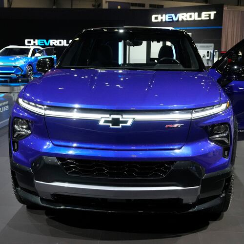 FILE - The 2024 Chevrolet Silverado EV sits on display at the Chicago Auto Show, Thursday, Feb. 9, 2023, in Chicago. (AP Photo/Charles Rex Arbogast, File)