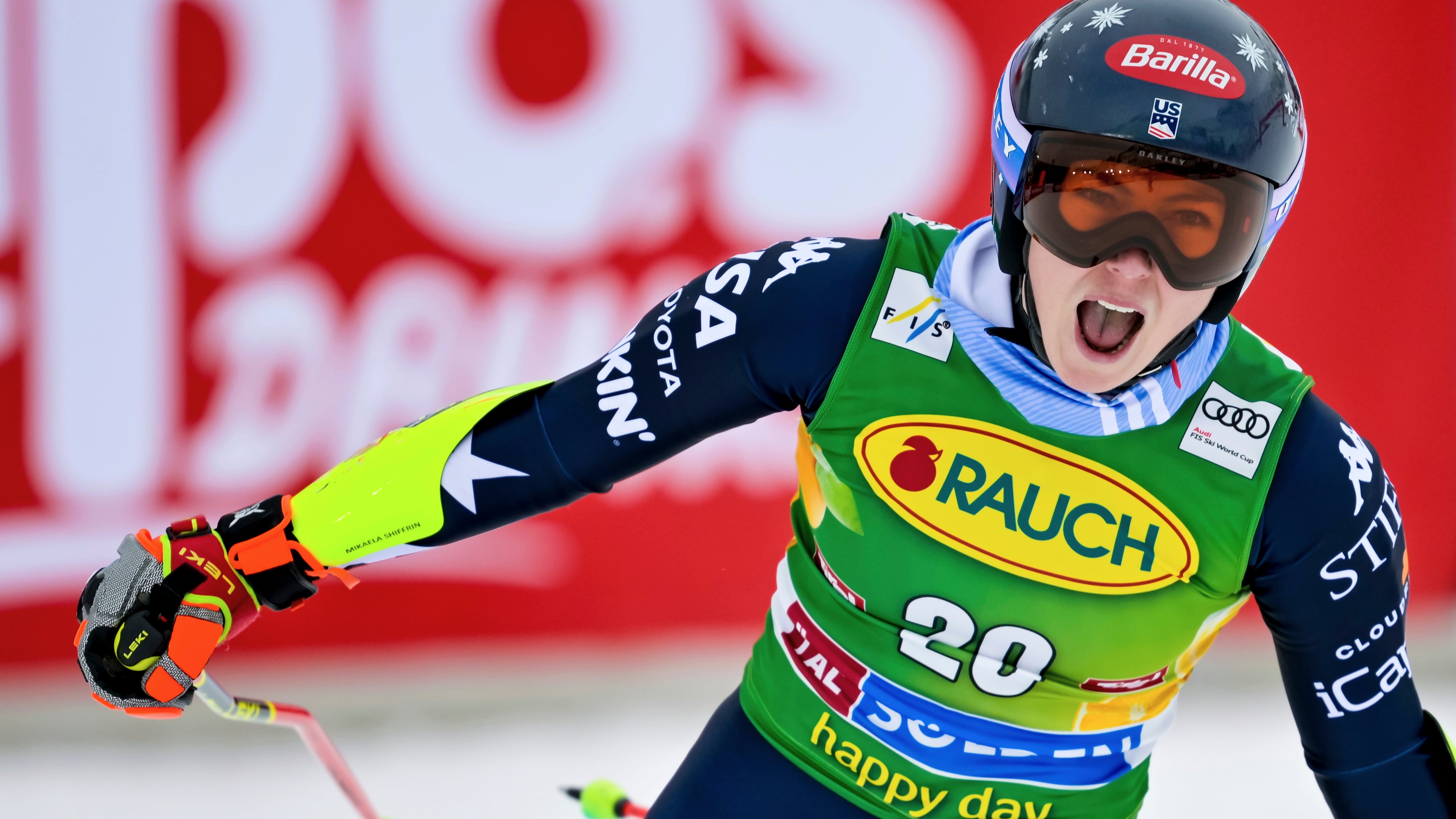 United States' Mikaela Shiffrin celebrates at the finish area of an alpine ski, women’s World Cup giant slalom, in Soelden, Austria, Saturday, Oct. 25, 2025. Gian Ehrenzeller/Keystone via AP)