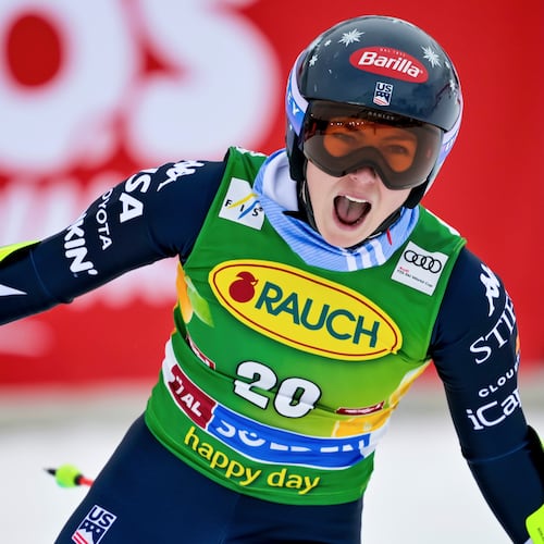 United States' Mikaela Shiffrin celebrates at the finish area of an alpine ski, women’s World Cup giant slalom, in Soelden, Austria, Saturday, Oct. 25, 2025. Gian Ehrenzeller/Keystone via AP)